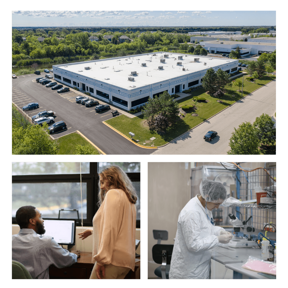 Three photos in grid depicting medical murray facilities: aerial, office, and in clean room