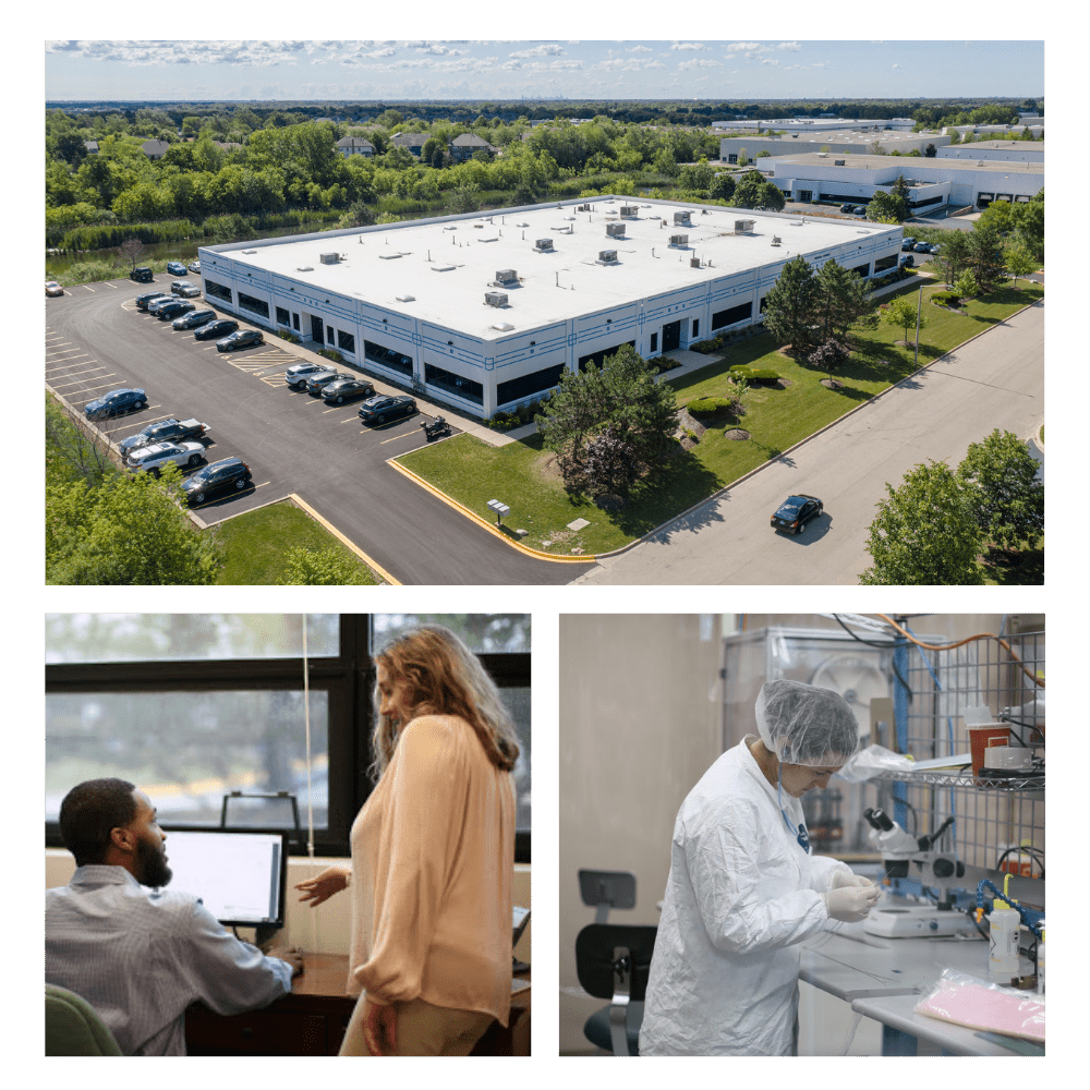 Untitled design (29) Three photos in grid depicting medical murray facilities: aerial, office, and in clean room