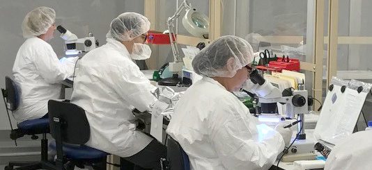 Manufacturing technicians examining finished medical devices under microscopes