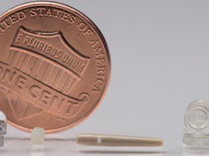 Size comparison showing micro insert just a fraction of the width of a penny