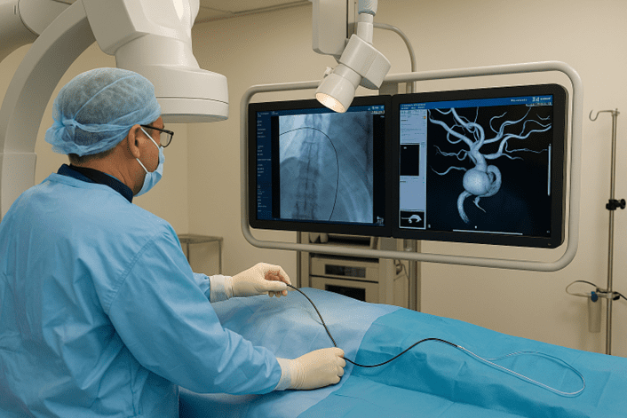 Medical practitioner performing imaging catheter procedure
